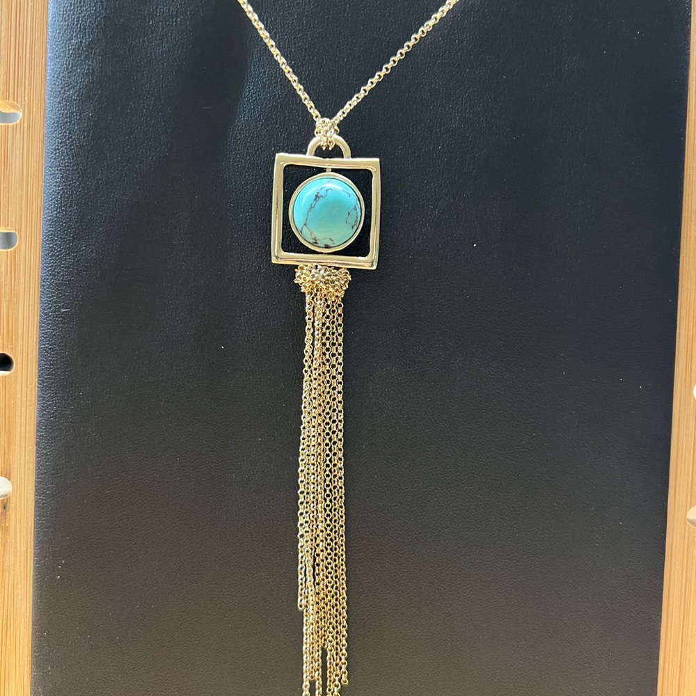 Express Blue and Gold Statement Necklace with Turquoise and Black Pendant